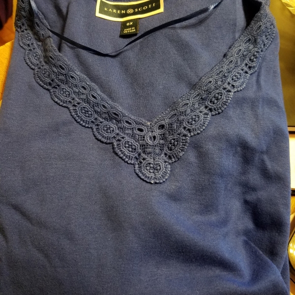 Karen Scott Tops - New Karen Scott Plus Blue Cotton Lace-Trim T-Shirt
